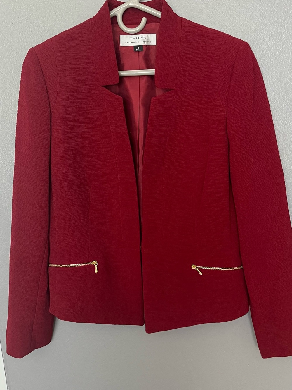 Tahari Red Open-Front Blazer with Gold Zipper Accents